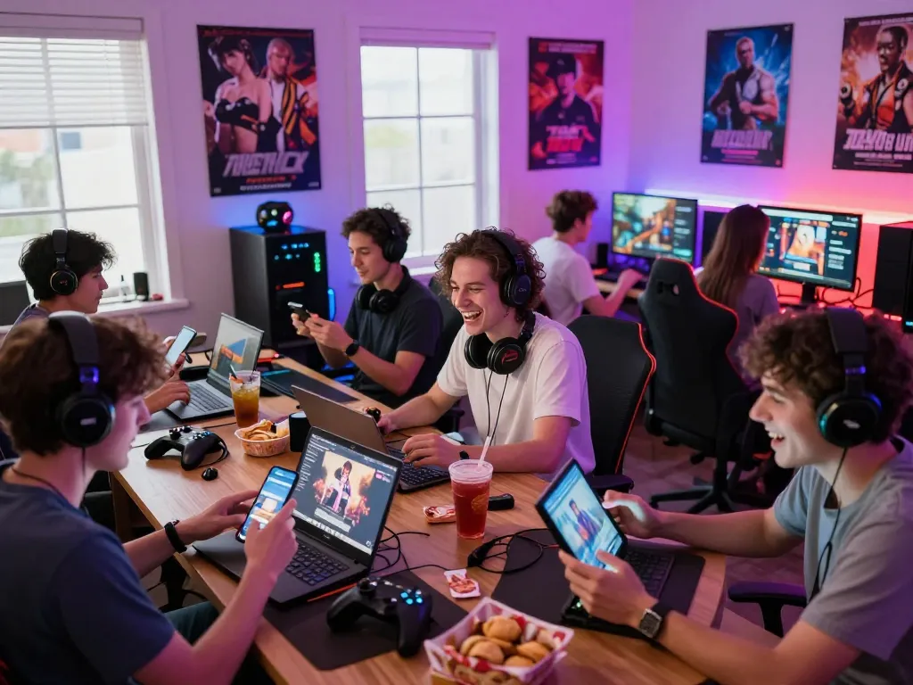 Players enjoying various porn games on devices in an inviting gaming environment.