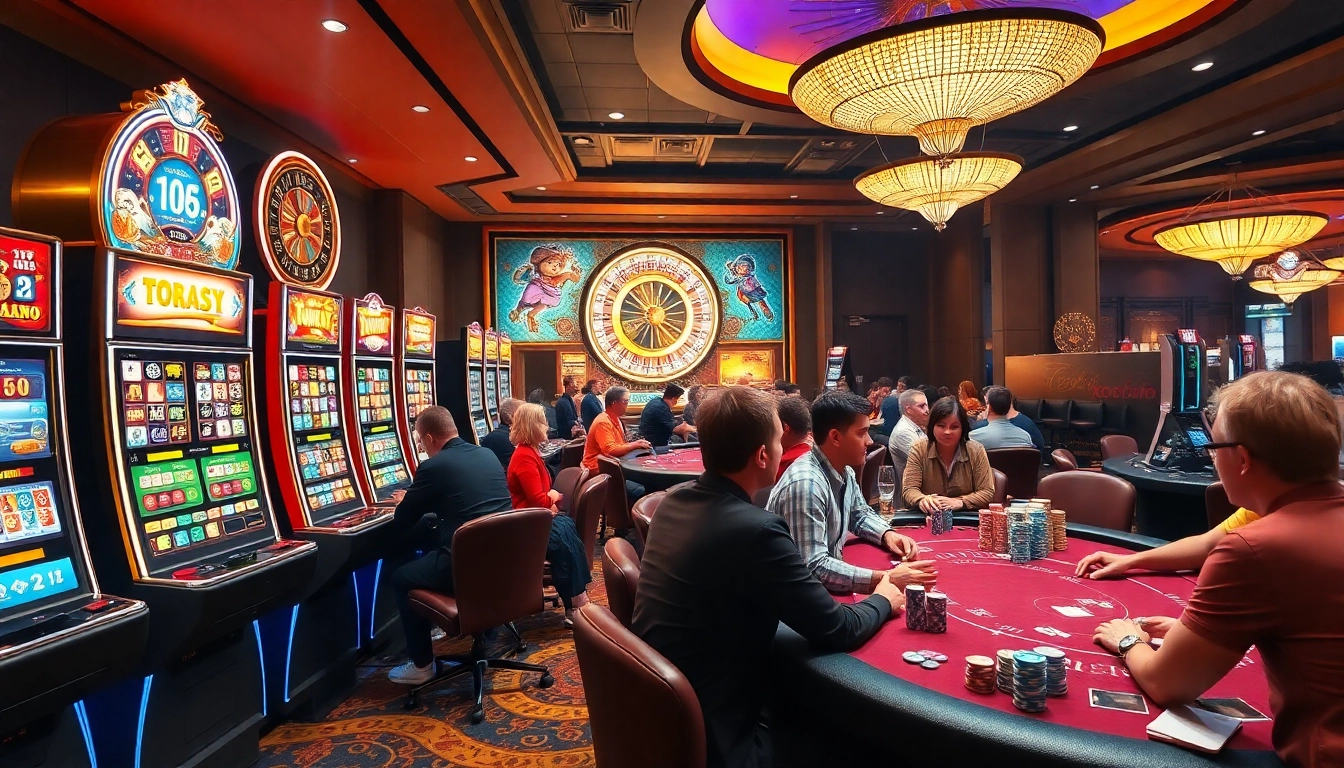 Players enjoying exhilarating games at Xoso66 online casino, showcasing vibrant slots and poker tables.