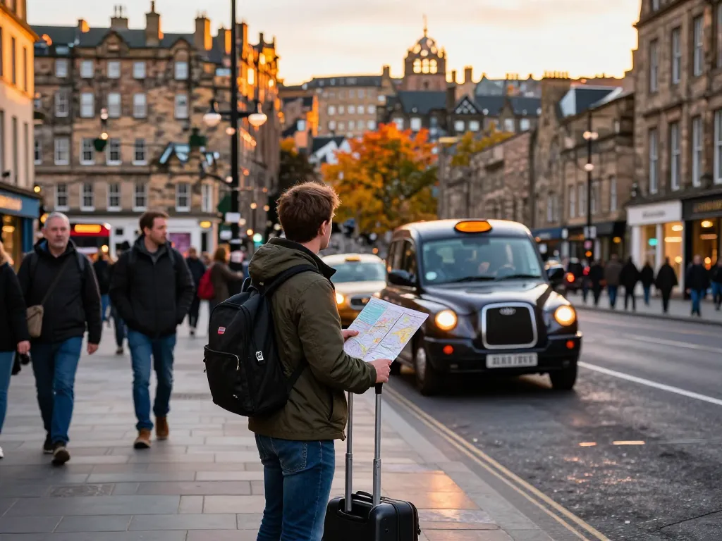 Taxi to Edinburgh scene with traveler and vibrant city backdrop.