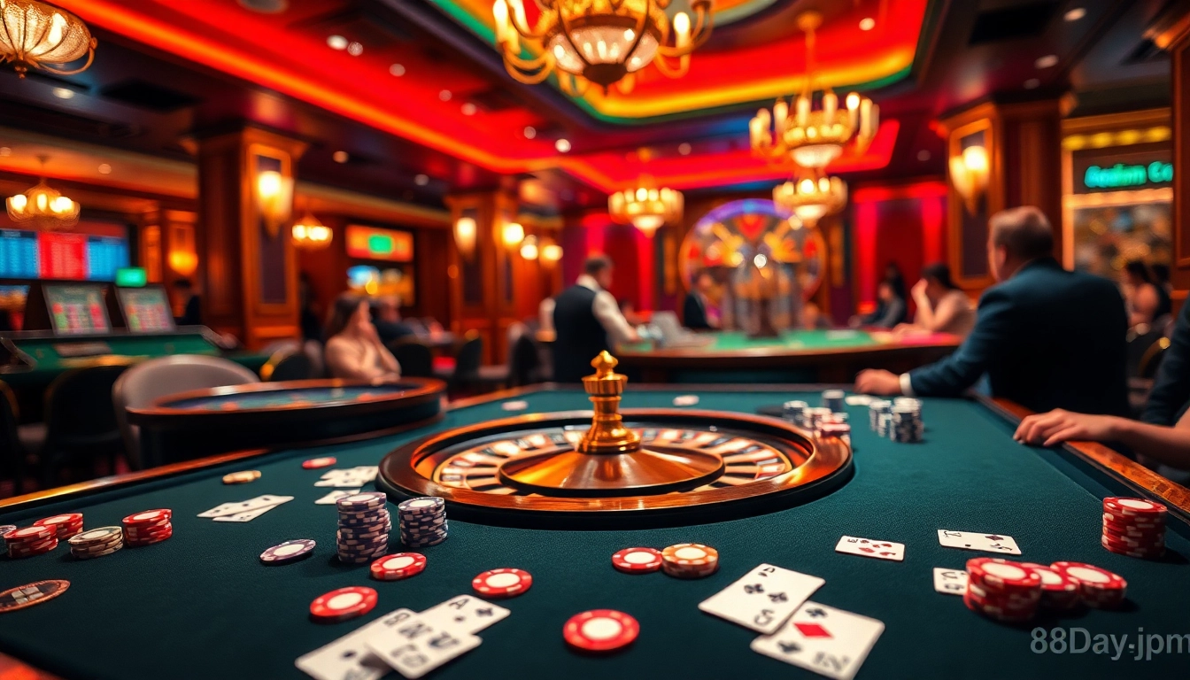 Experience thrilling gameplay at https://8day-vn.jpn.com/ with a vibrant casino scene featuring roulette and poker.