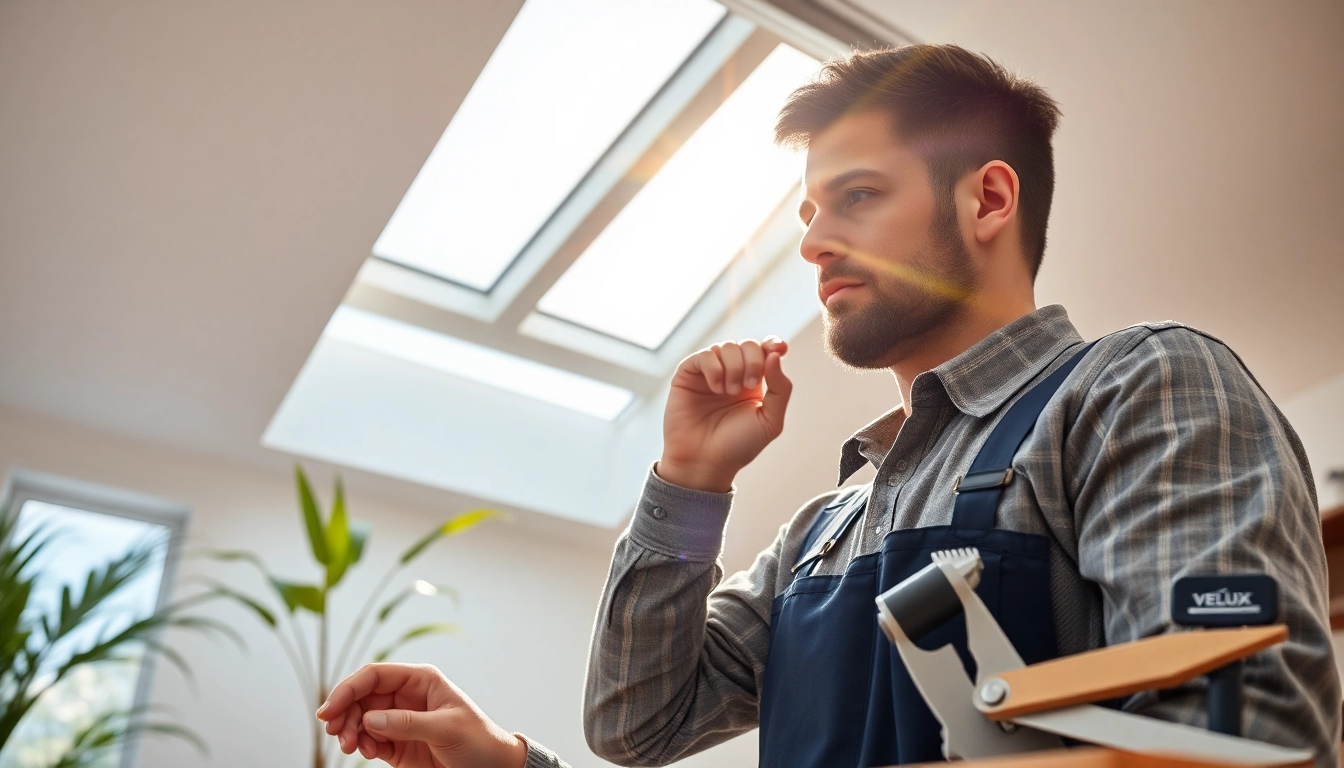 Velux repairs performed by an expert technician on a skylight in a modern home.