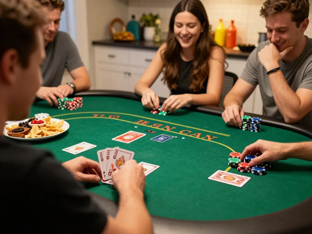 Friends engaging in a lively Texas Hold'em game at home with X 88 chips visible on the table.