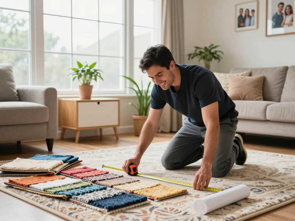 Professional carpet fitters near me measuring carpet samples in a cozy living room.