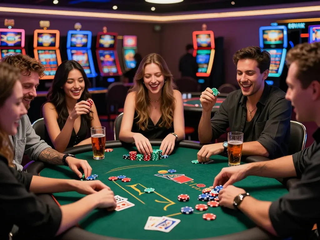 Exciting group of friends playing poker at a vibrant casino, showcasing https://gem88.com.mx/ gaming atmosphere.