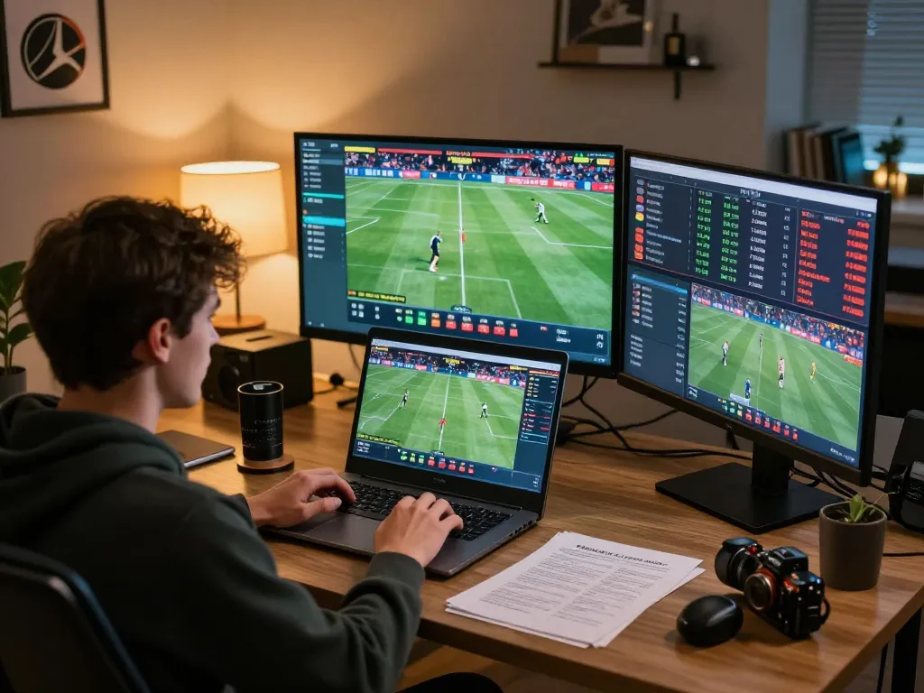 Excited player placing bets while checking Keo nha cai odds on multiple screens