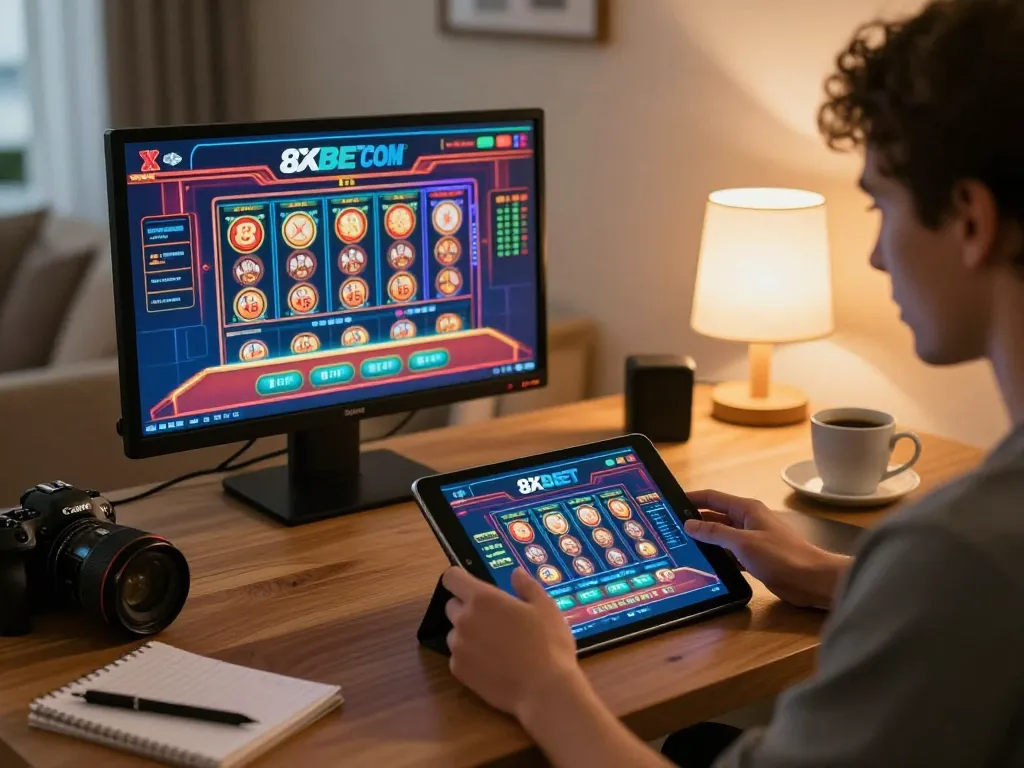 Engaged player using tablet for 8XBET COM online gaming with cozy home setup