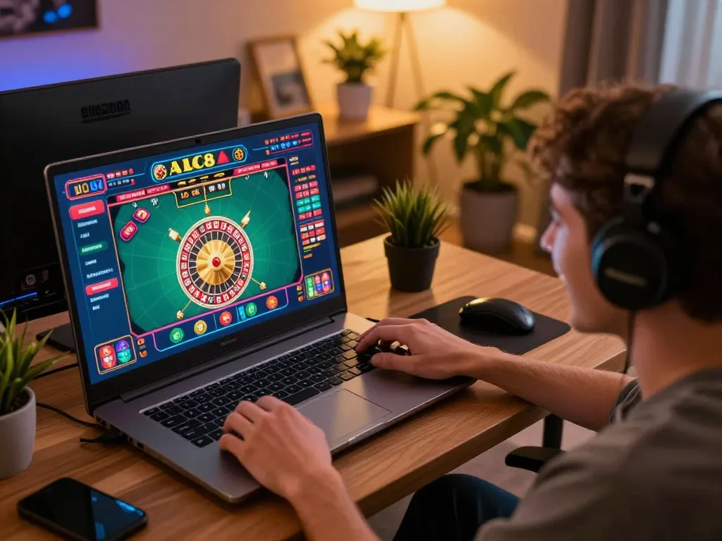 Player engages with ALO8 roulette on a laptop, showcasing excitement in a cozy gaming setup