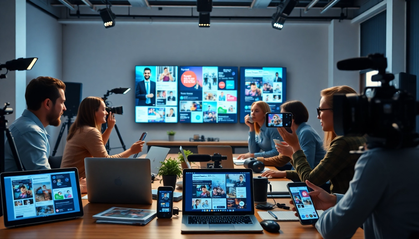 Creating engaging Social media ads with a creative team in a vibrant video production studio.