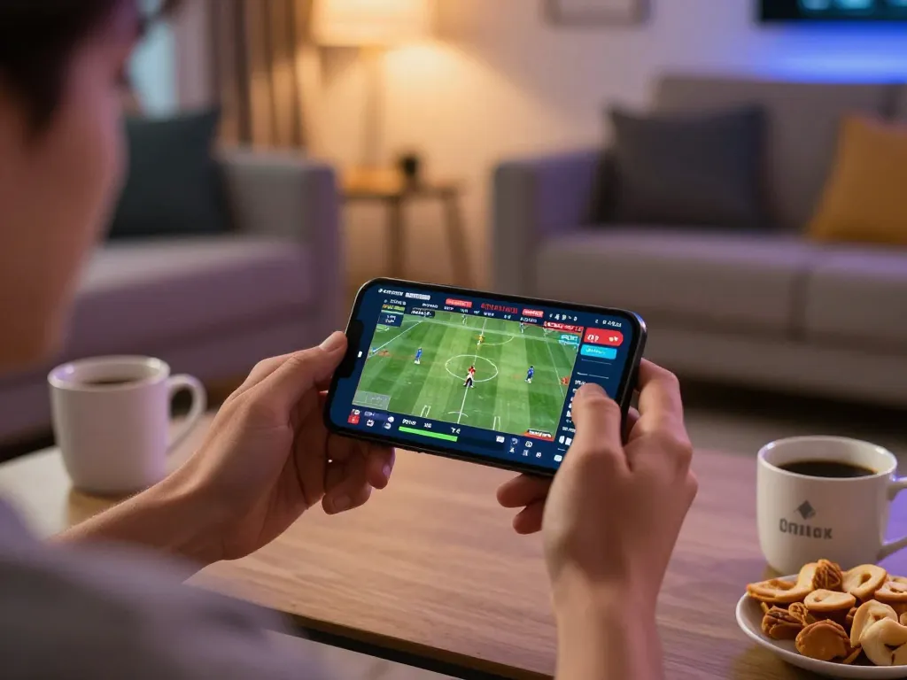 Engaging in sports betting on GG88 using a smartphone in a cozy home environment