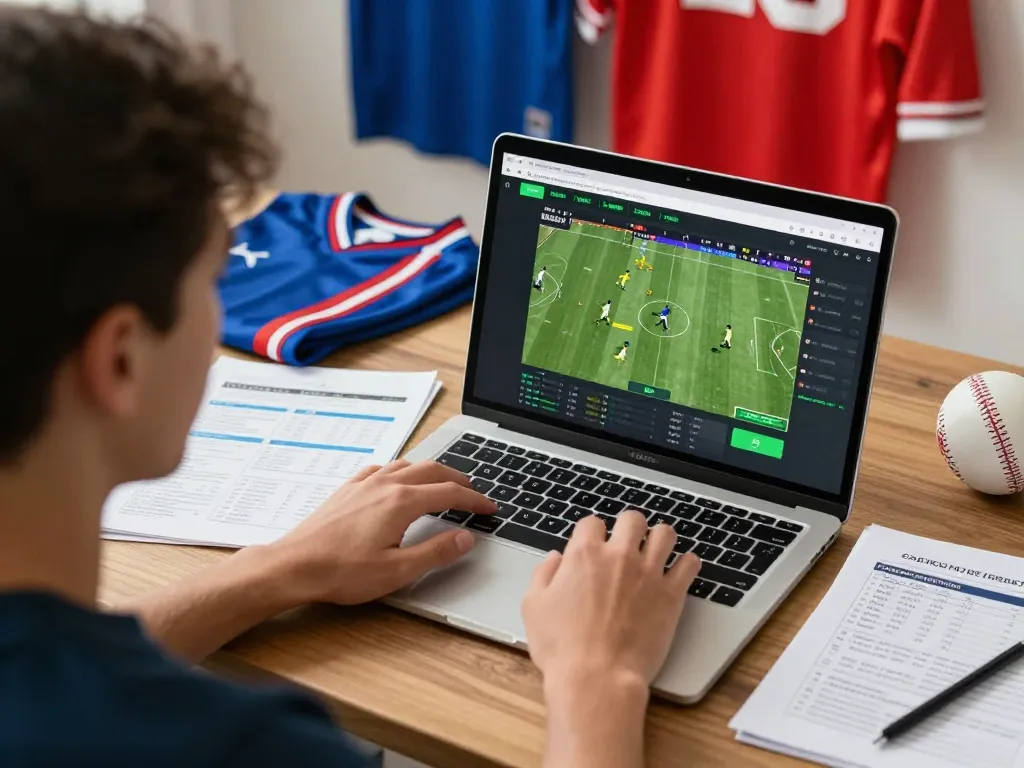 Engaging in sports betting analysis on a laptop, focusing on soi keo nha cai for informed wagering.