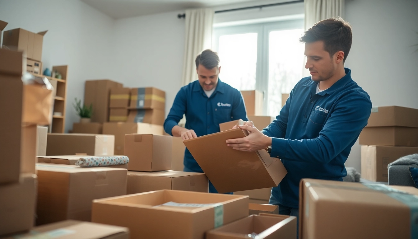 Moving companies calgary professionals expertly packing fragile items in a modern home.