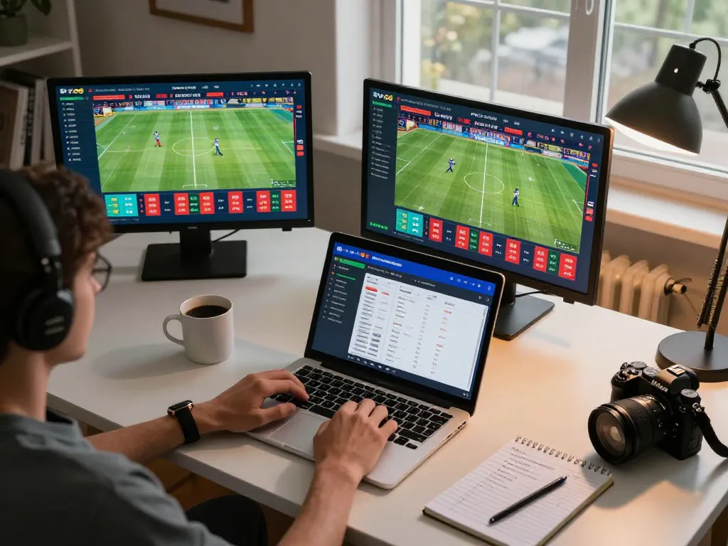 Engaging in sports betting on sv66 app from a stylish home office setup, showcasing vibrant odds and user interface.