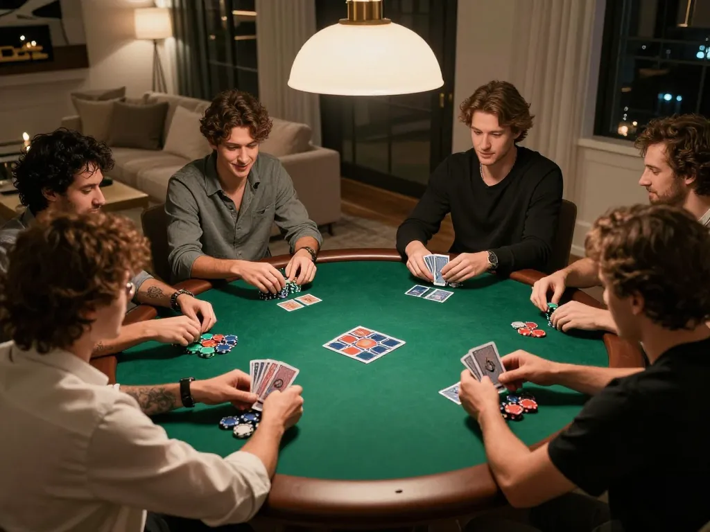 CM88 poker game excitement with friends around a round green felt table, showcasing strategic gameplay.