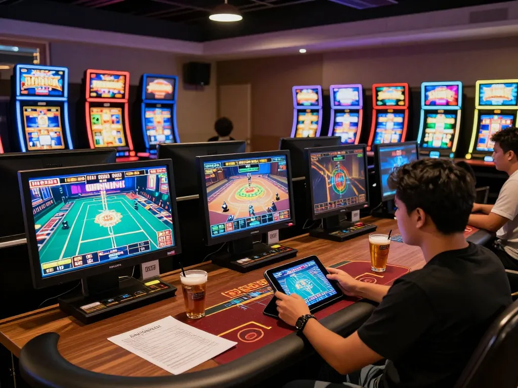 Engaged gamer using luck8l app on tablet in an inviting home setup.