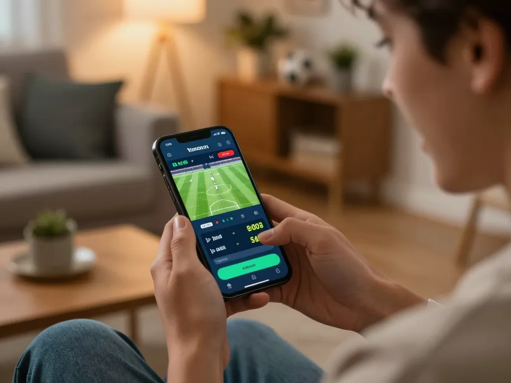Excited player engaging with trang cá cược bóng đá uy tín while placing live bets on a smartphone.