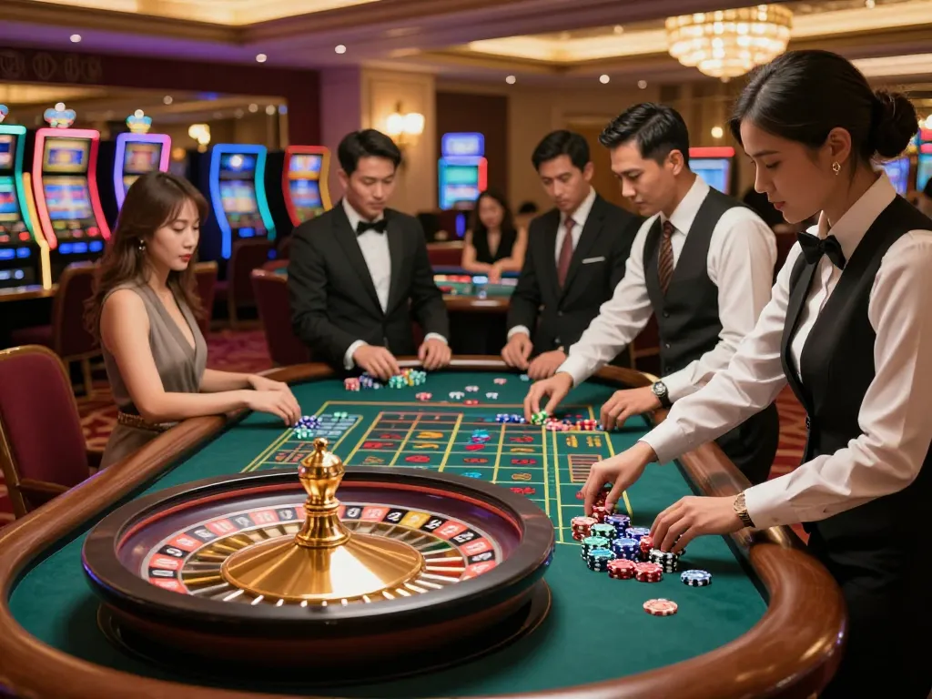 Exciting roulette action at dacsandatphanrang casino, players engaged in placing bets.