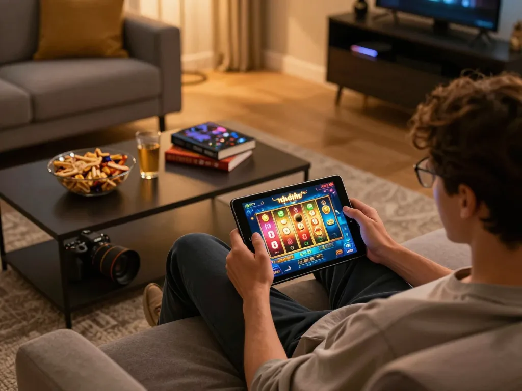 Playing game nổ hũ on a tablet in a cozy home setting with snacks and drinks nearby.