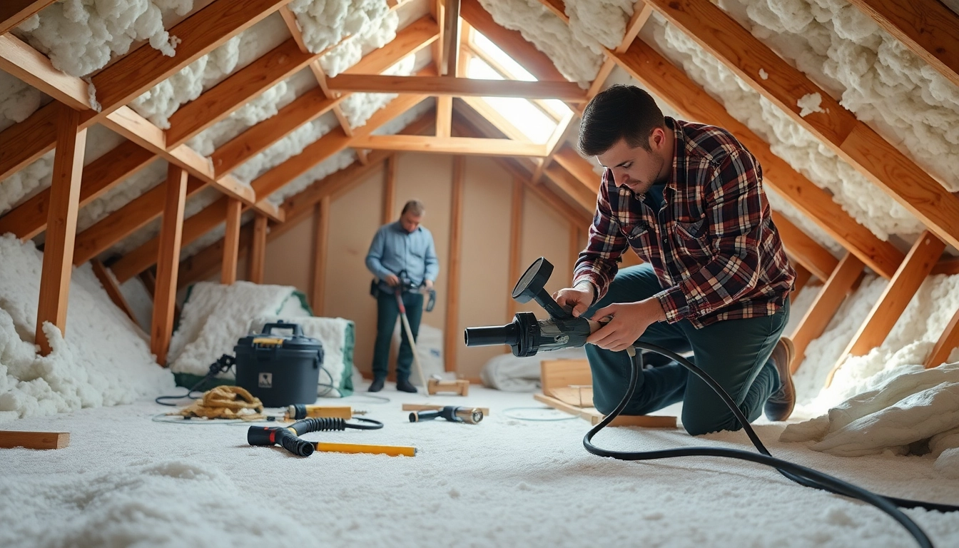 Spray foam removal specialists performing insulation removal in a home attic.