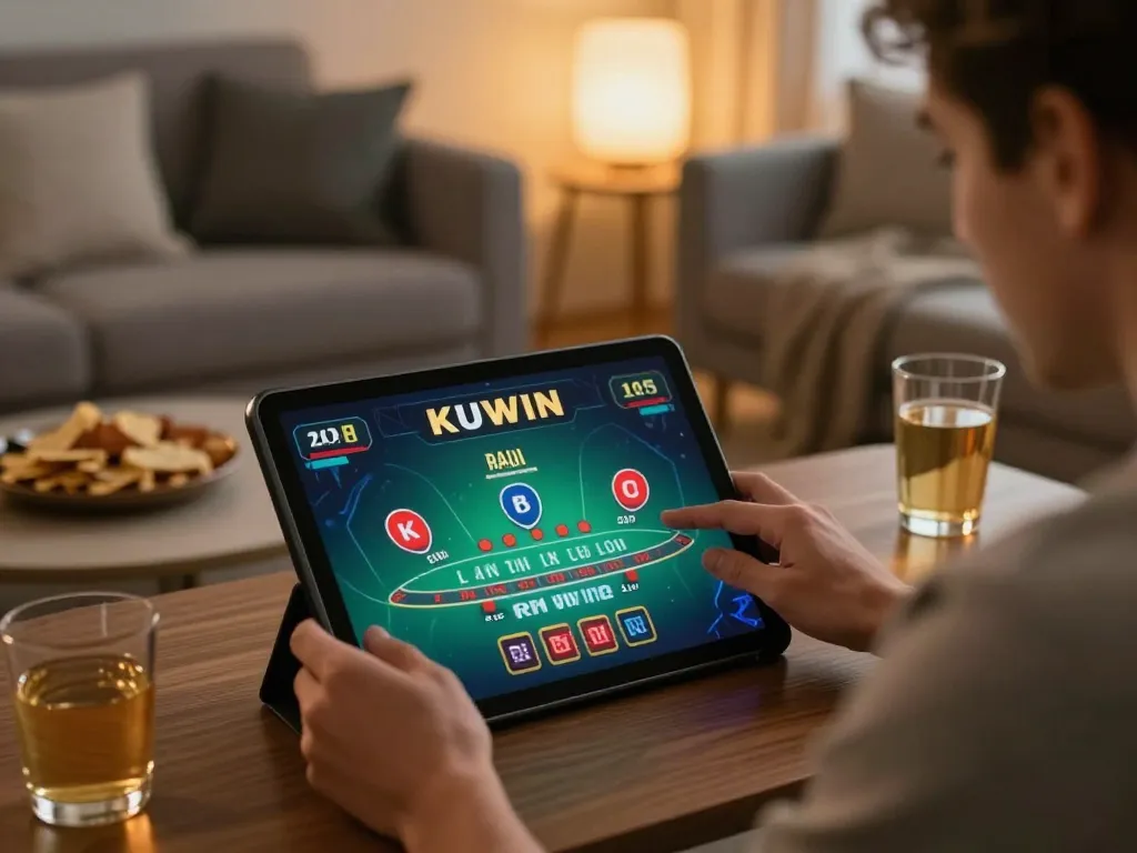 Kuwin player engaged in live dealer blackjack at home, showcasing strategic gameplay.
