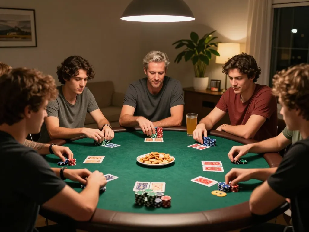 BL555 poker game night with friends around a table, showcasing excitement and strategy in action.