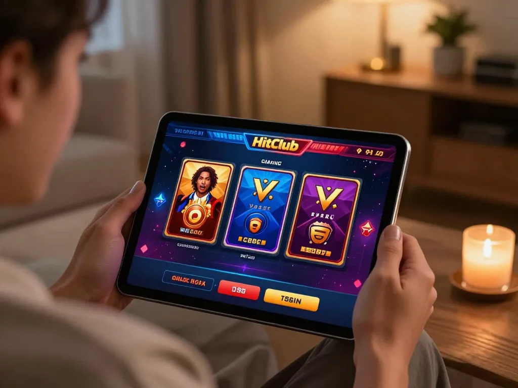 Engaging gameplay on HitClub cổng game displayed on a tablet in a cozy home setting.