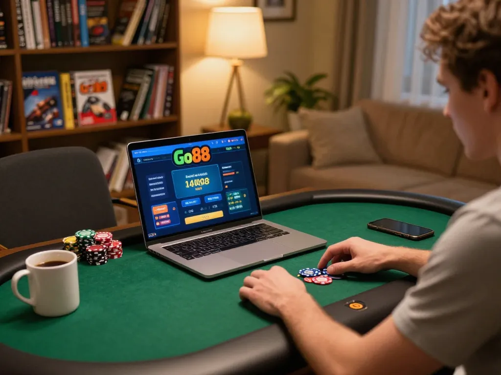 Player strategizing at Go88 online casino with laptop in cozy home setting