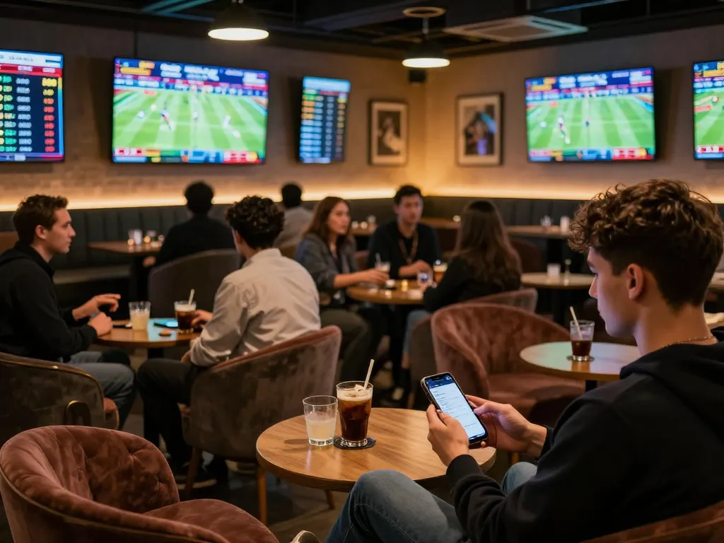 TR88 sports betting lounge with excited patrons engaged in live events and mobile betting.