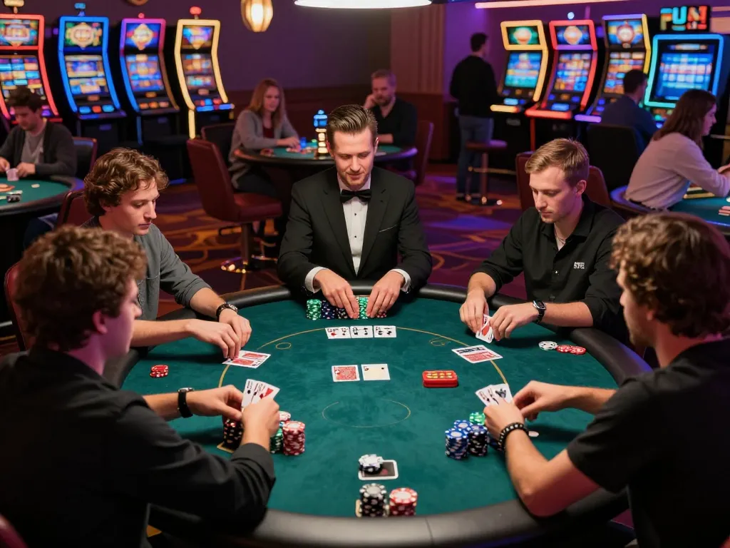 Players engaging in a strategic poker game at a vibrant casino, highlighting bomwin's exciting atmosphere and social dynamics.