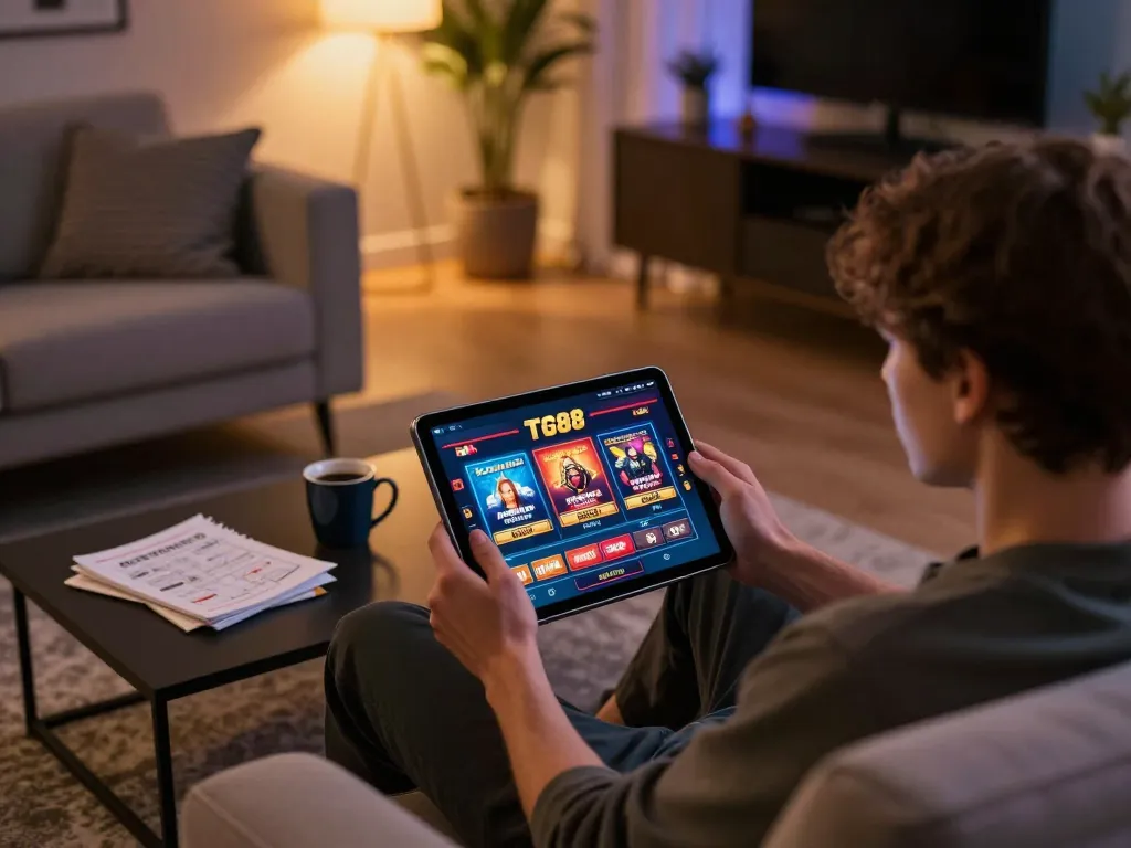 TG88 online casino gaming at home with a person engaged on a tablet, showcasing dynamic betting options.