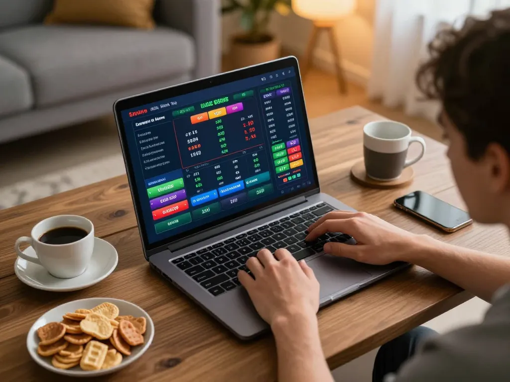 Player strategizing sports bets on a laptop with 789winco interface, cozy home gaming setup