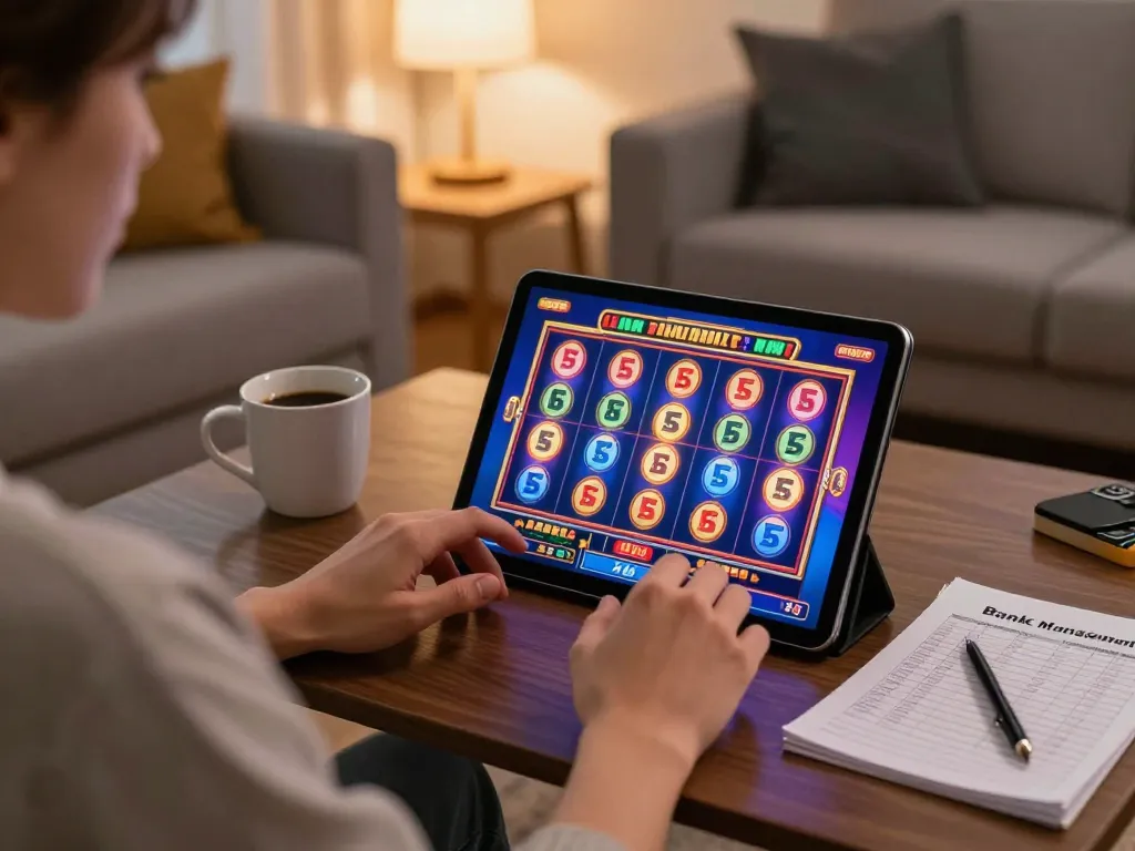 Engaging online slot Malaysia gaming session with colorful reels and casual home atmosphere.