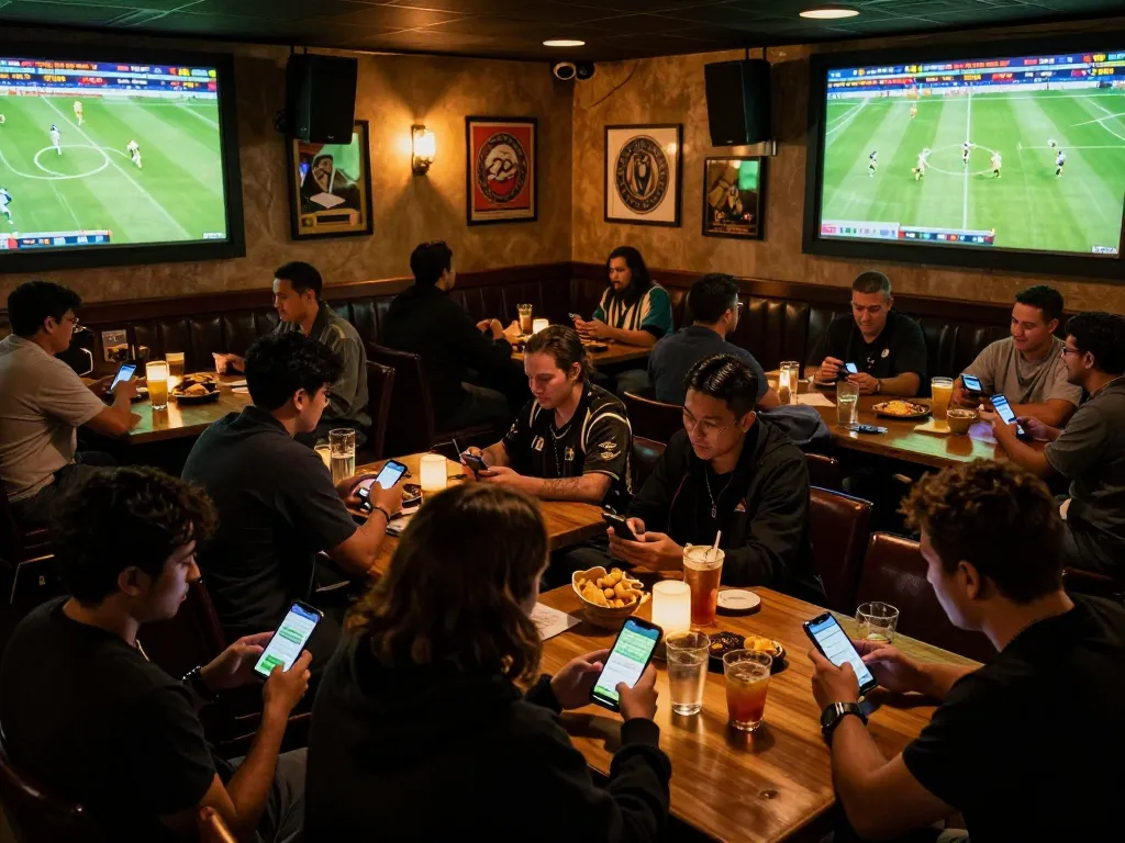 Bongdalu users strategizing live football bets in a vibrant sports bar atmosphere