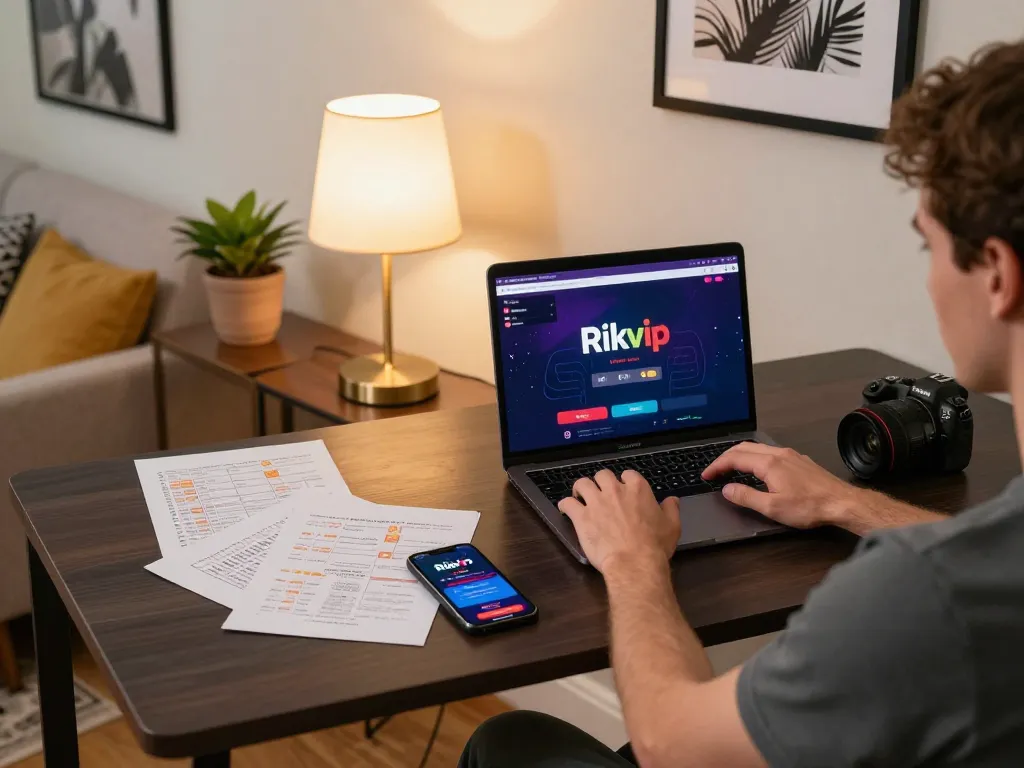 Engaged player exploring Rikvip's gaming interface on a laptop in a cozy home setup