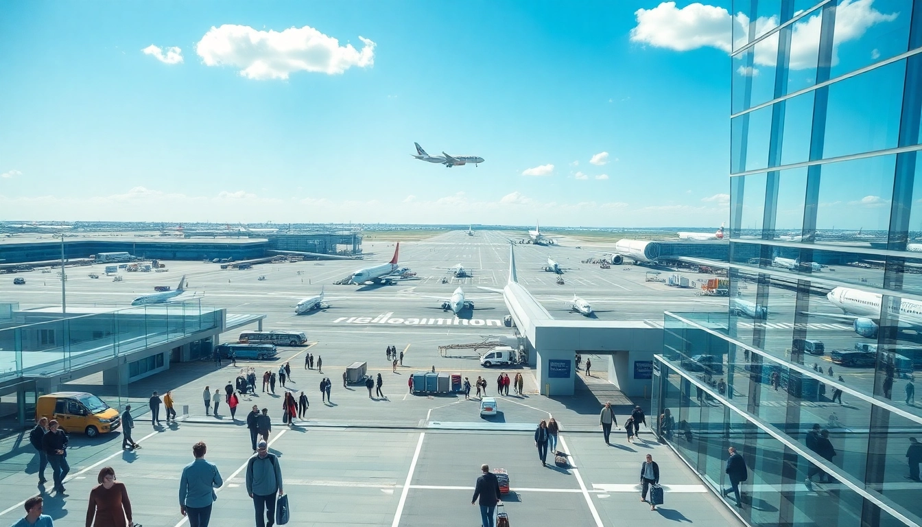 Heathrow Airport bustling with travelers, showcasing planes and vibrant terminal activity.