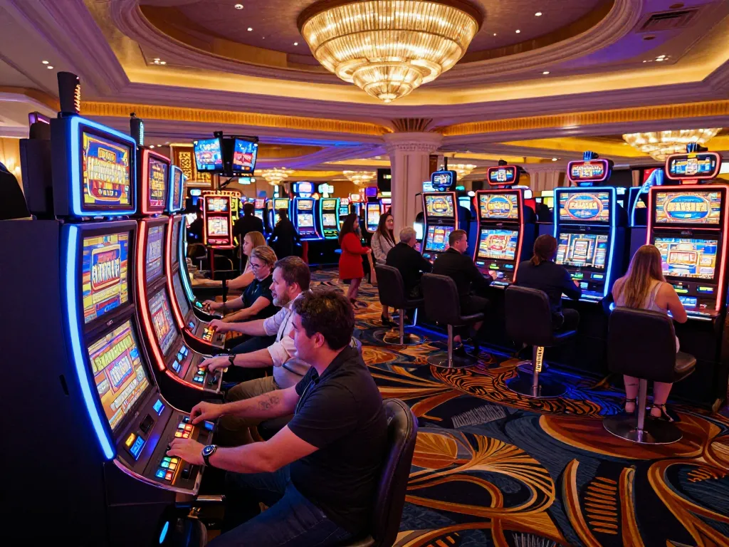 Players engage with vibrant slot machines in a Las Vegas casino showcasing the excitement of 7m gambling