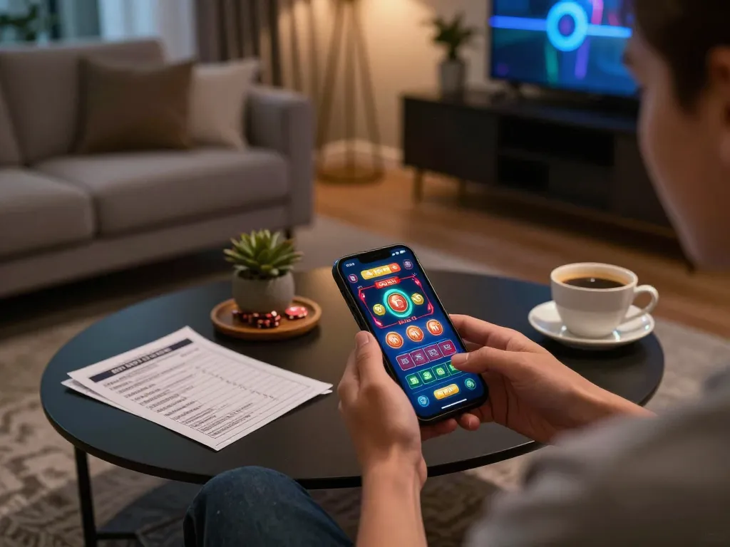 Person using a mobile app for 1gom gaming, enjoying a cozy atmosphere with betting notes and coffee.