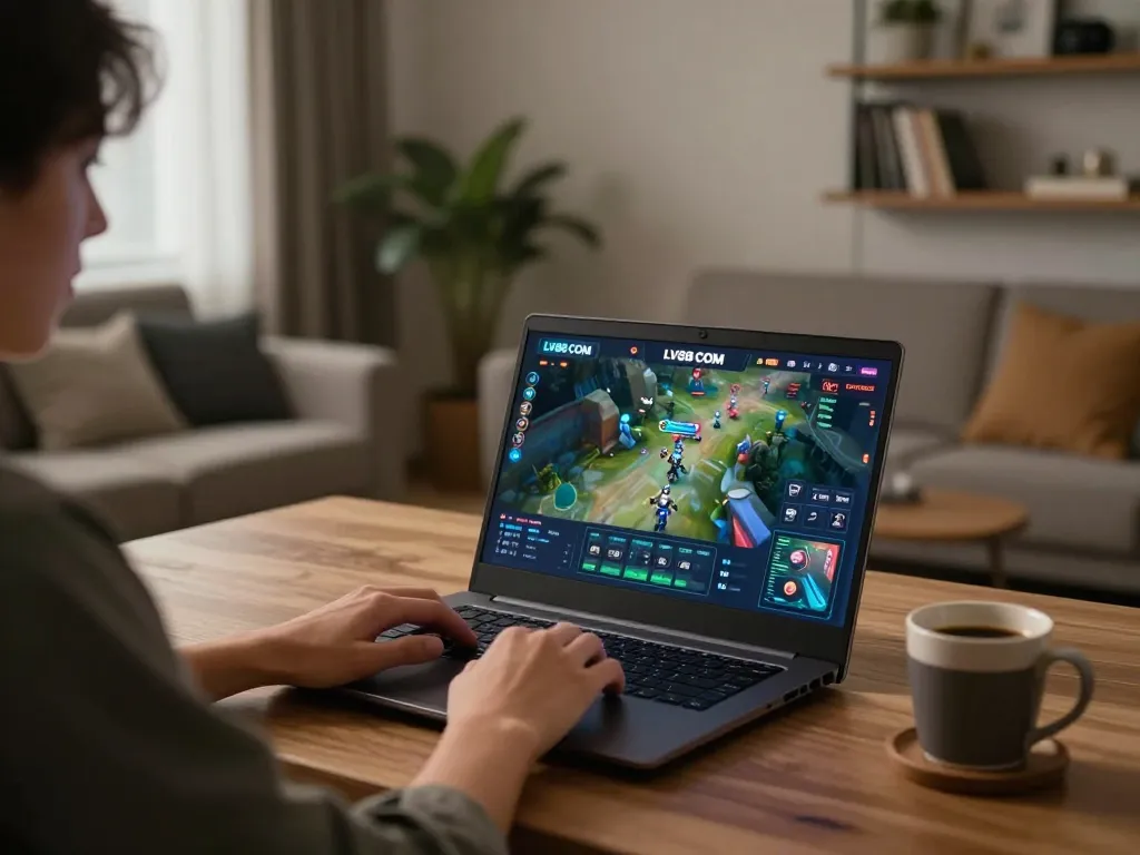 Engaging online gaming scene with LV88 COM interface in a cozy home environment.