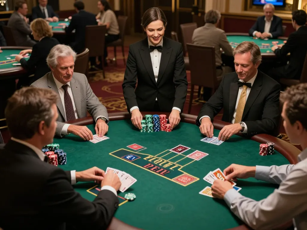 iwin blackjack players strategizing with cards and chips in upscale casino