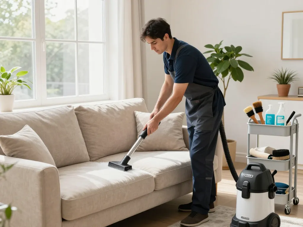 Upholstery cleaning in Worcester showcasing a professional cleaner working on a sofa, reflecting insights from Home & garden blogs.