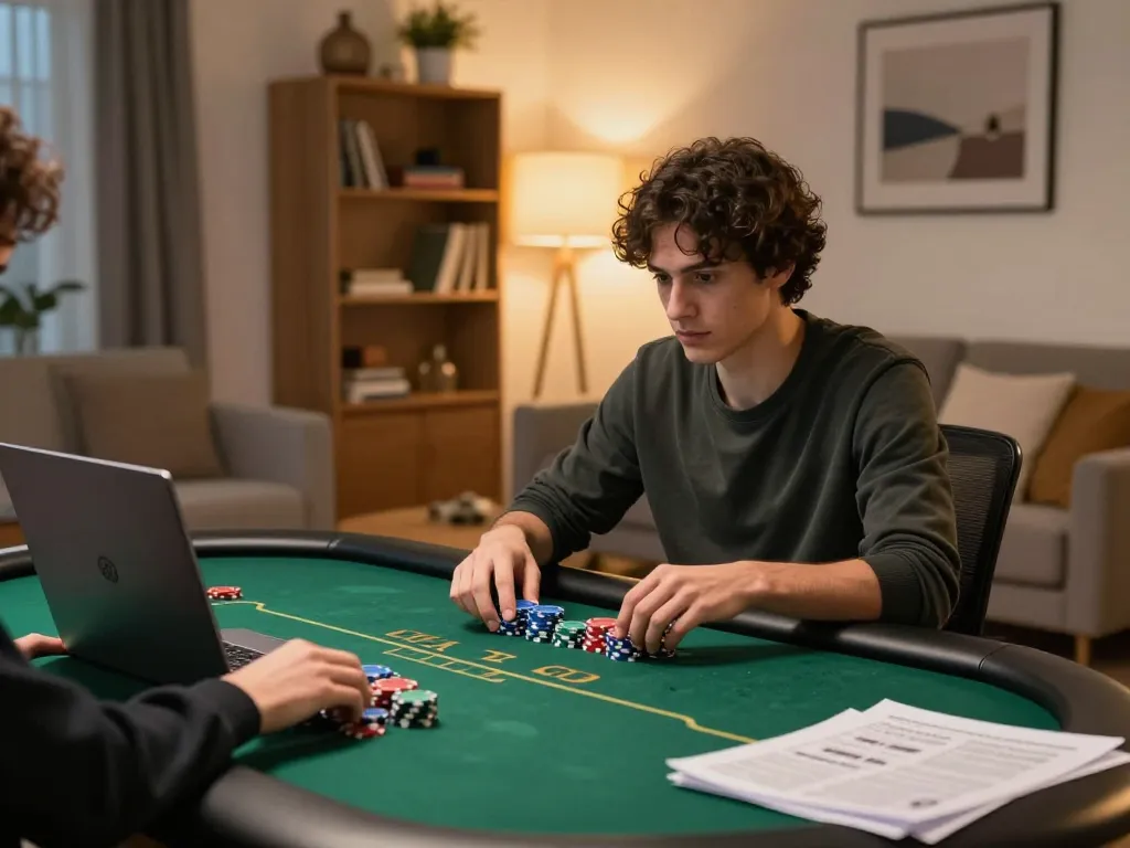 Player enjoying a poker game on 98win platform at home with strategic notes.