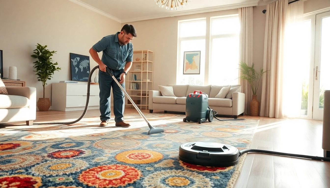 Professional carpet cleaning technician working in a bright, inviting living room setting.