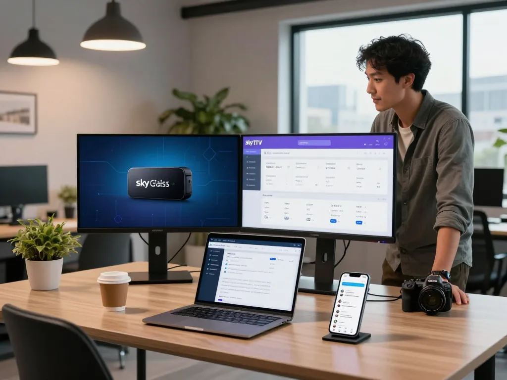Entrepreneur using Sky Glass IPTV Reseller Panel in a modern workspace, analyzing subscriptions and user data.