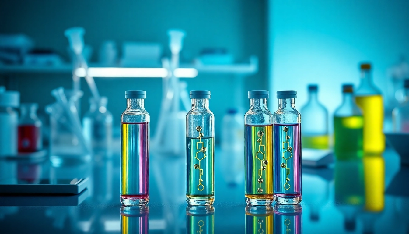 Showcasing vials of peptides UK in a professional laboratory setting with lab equipment.
