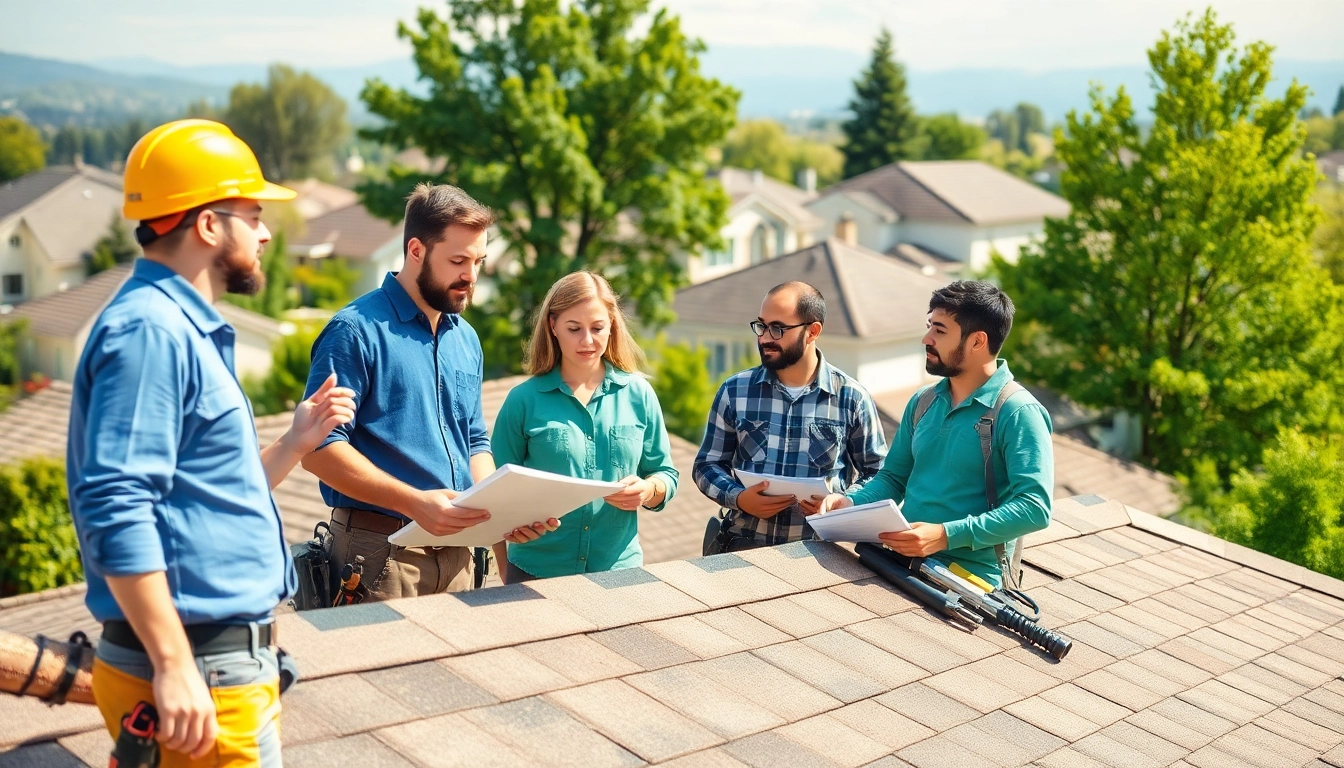Skilled team from a roofing company examining a roof under bright sunlight.