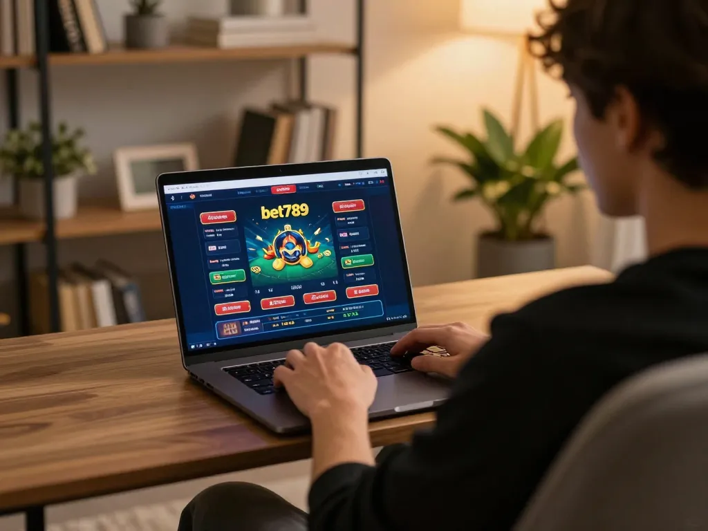Engaging with bet789 casino platform on a laptop in a cozy home environment, emphasizing responsible gaming.