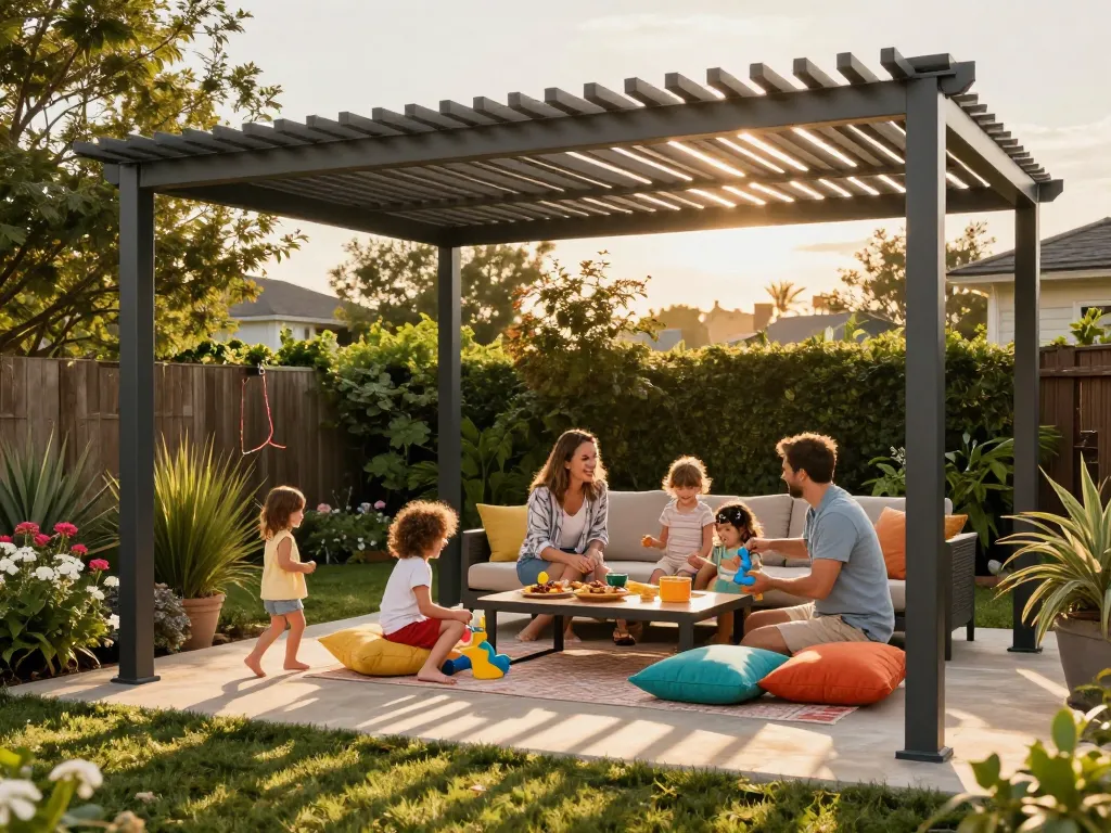 Family enjoying time under a pergola configurator designed louvered structure in a vibrant garden setting.