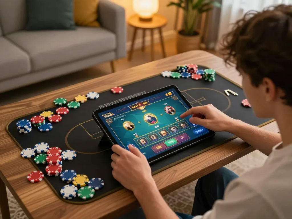 Engaging in xóc đĩa online with a tablet in a cozy living room setting, showcasing interactive gaming.