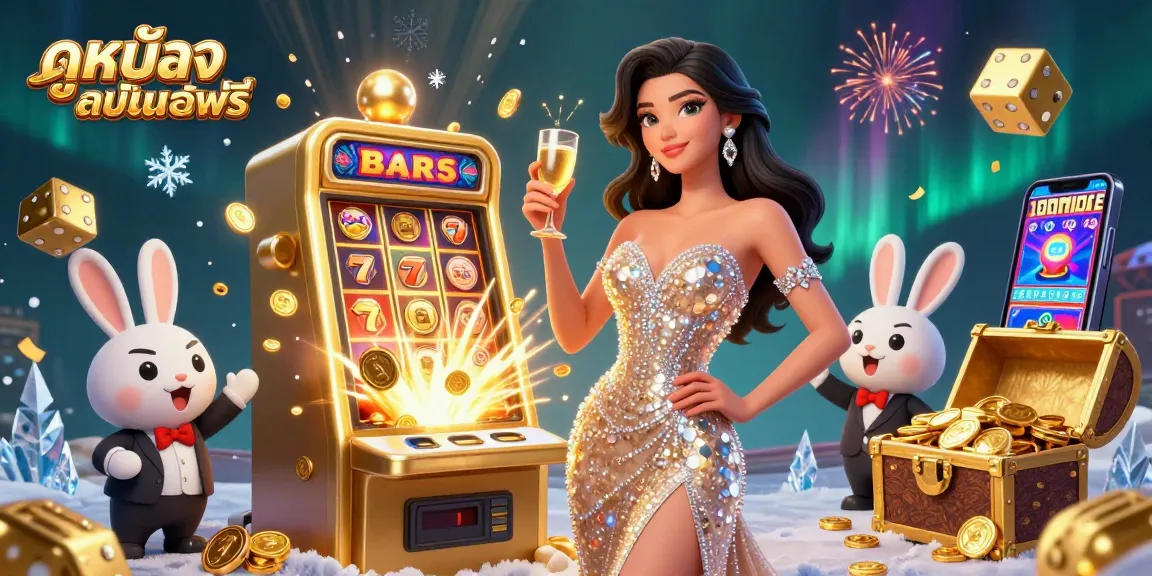 Celebrate winning moments with ดูหนังออนไลน์ฟรี, where a woman in a gold gown toasts beside a jackpot slot machine.