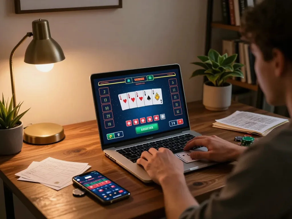 Player immersed in online poker on 8kbetbh laptop, showcasing strategic gameplay in home setup.