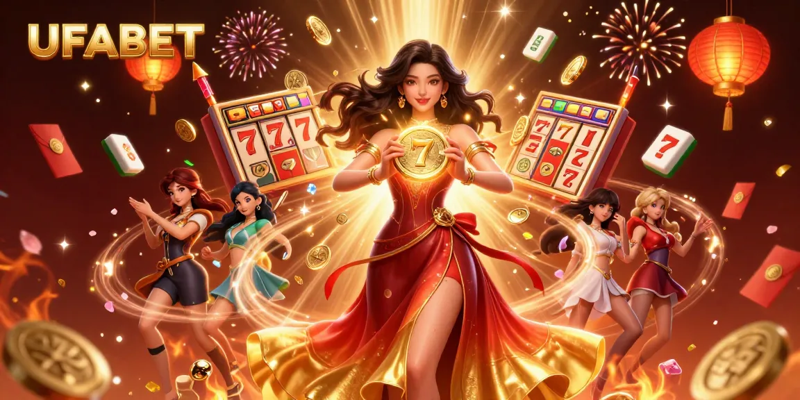 Experience thrilling wins with UFABET, showcasing a stunning Asian woman amidst a cascade of golden coins and jackpots.
